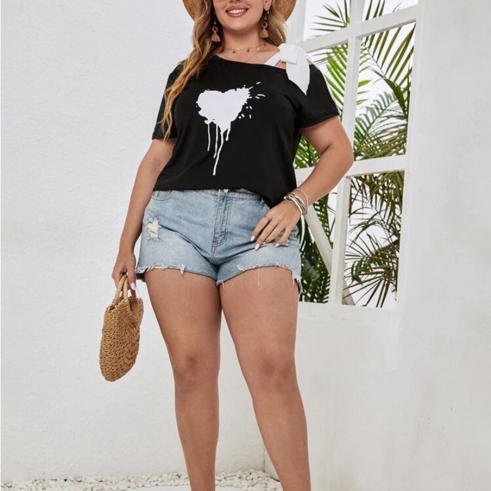 Shein Curve Heart Splatter Off One Shoulder Bow Tie Tee T-Shirt Blouse Top 2XL - Picture 7 of 12